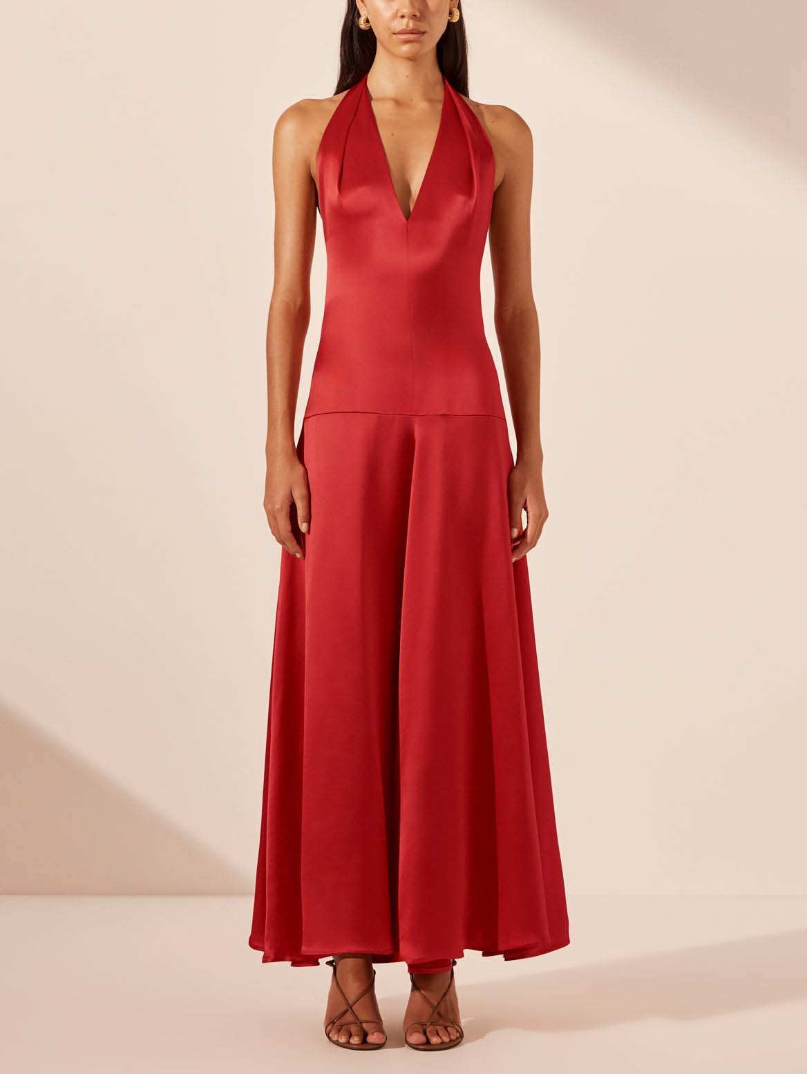 Elegant Deep V Neck Halter Maxi Dress Red Dresses