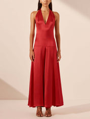 Elegant Deep V Neck Halter Maxi Dress Red Dresses
