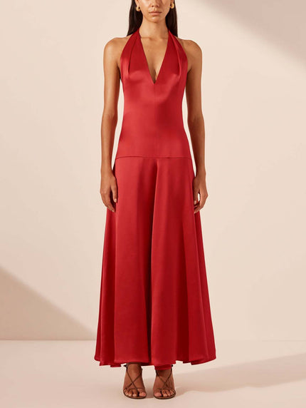 Elegant Deep V Neck Halter Maxi Dress Red Dresses