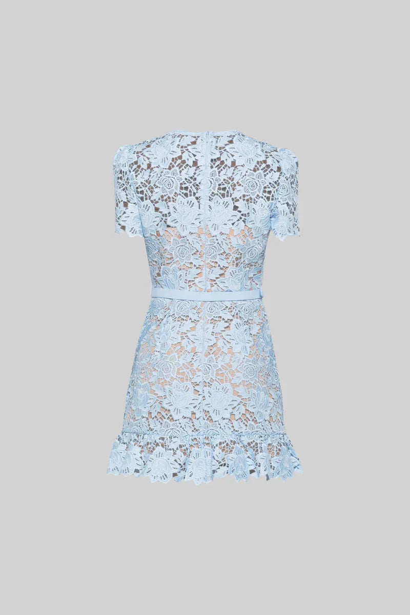 Phoebe | Blue Short Sleeve Embroidered Floral Dress Dress
