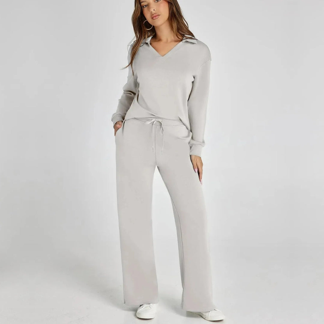Women’s V‑Neck Long Sleeve Lounge Set Grey Outfit Sets