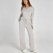 Women’s V‑Neck Long Sleeve Lounge Set Grey Outfit Sets