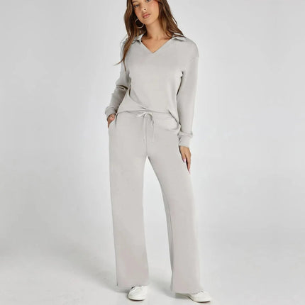 Women’s V‑Neck Long Sleeve Lounge Set Grey Outfit Sets