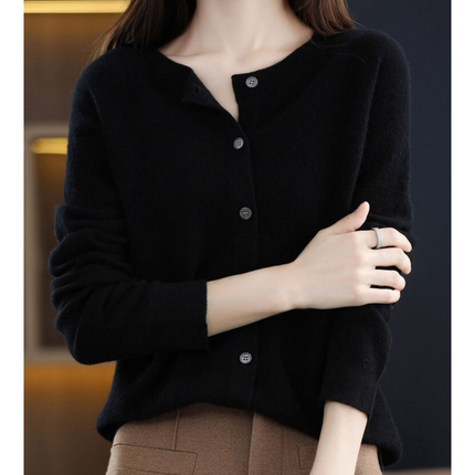 Pure Wool Ladies O-neck Cardigan Cashmere Sweater Black Sweater