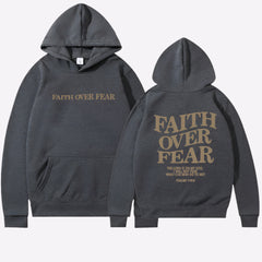 Faith Over Fear Hoodie featuring motivational slogan on front and back, crafted in premium soft fabric for comfort and style.