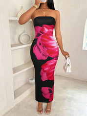 Women's Slim-Fit Floral Print Dress Black And Red Dress