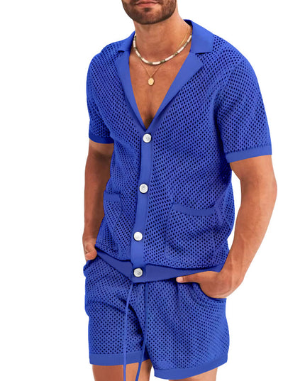 Men's Summer Casual Hollow Short Sleeve Shirt & Shorts Set Royal Shirts