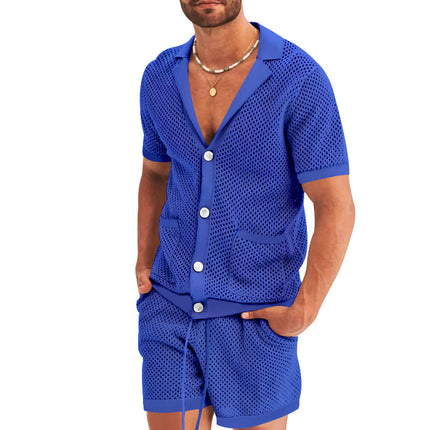 Men's Summer Casual Hollow Short Sleeve Shirt & Shorts Set Royal Shirts