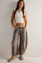 High-Stretch Mid-Rise Barrel Jeans Gray And Blue Women Pants