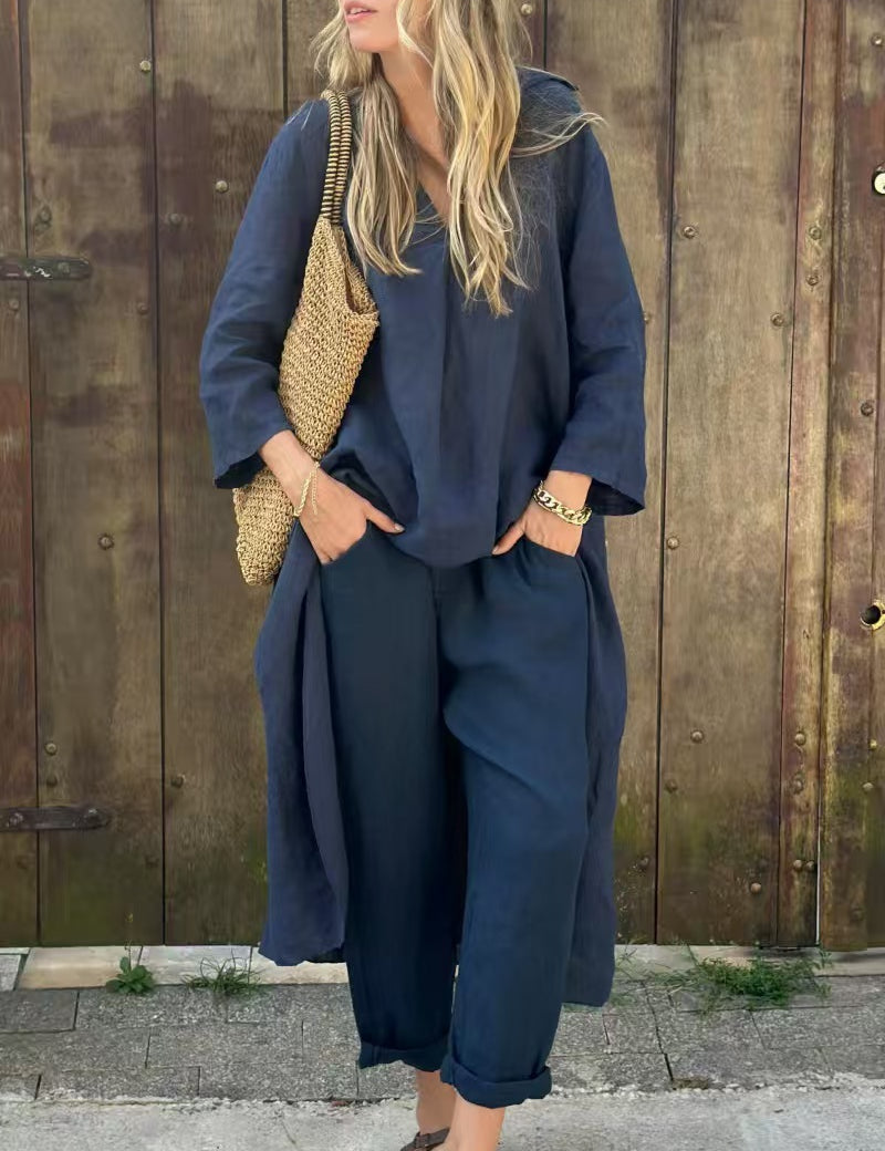 Women's 2-Piece V-Neck Long Sleeve Top & High-Waist Wide-Leg Pants Set with Pockets Blue set