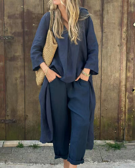 Women's 2-Piece V-Neck Long Sleeve Top & High-Waist Wide-Leg Pants Set with Pockets Blue set