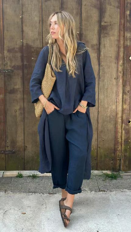 Women's 2-Piece V-Neck Long Sleeve Top & High-Waist Wide-Leg Pants Set with Pockets Blue set