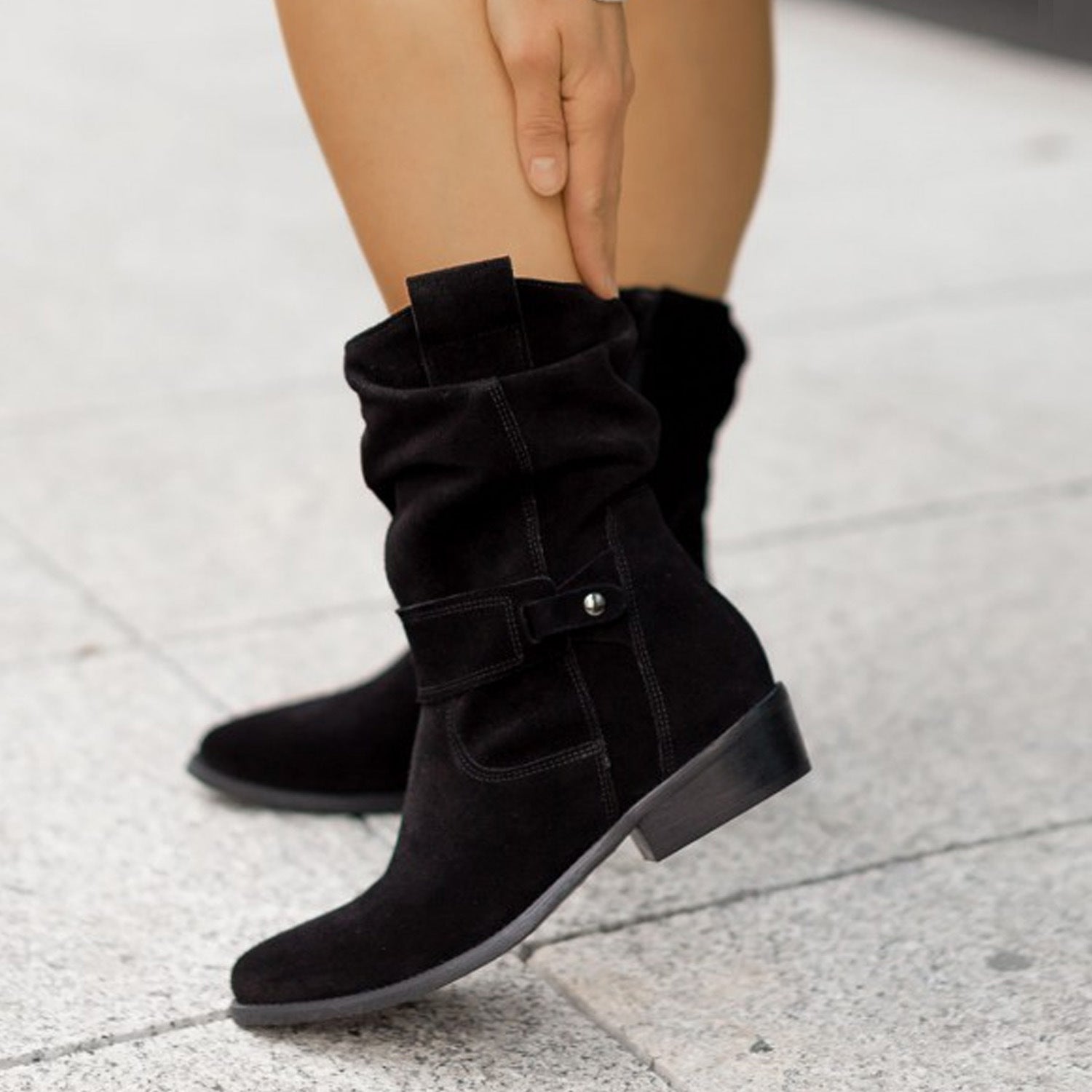 Fashion Suede Mid-Calf Western Boots Black Boots