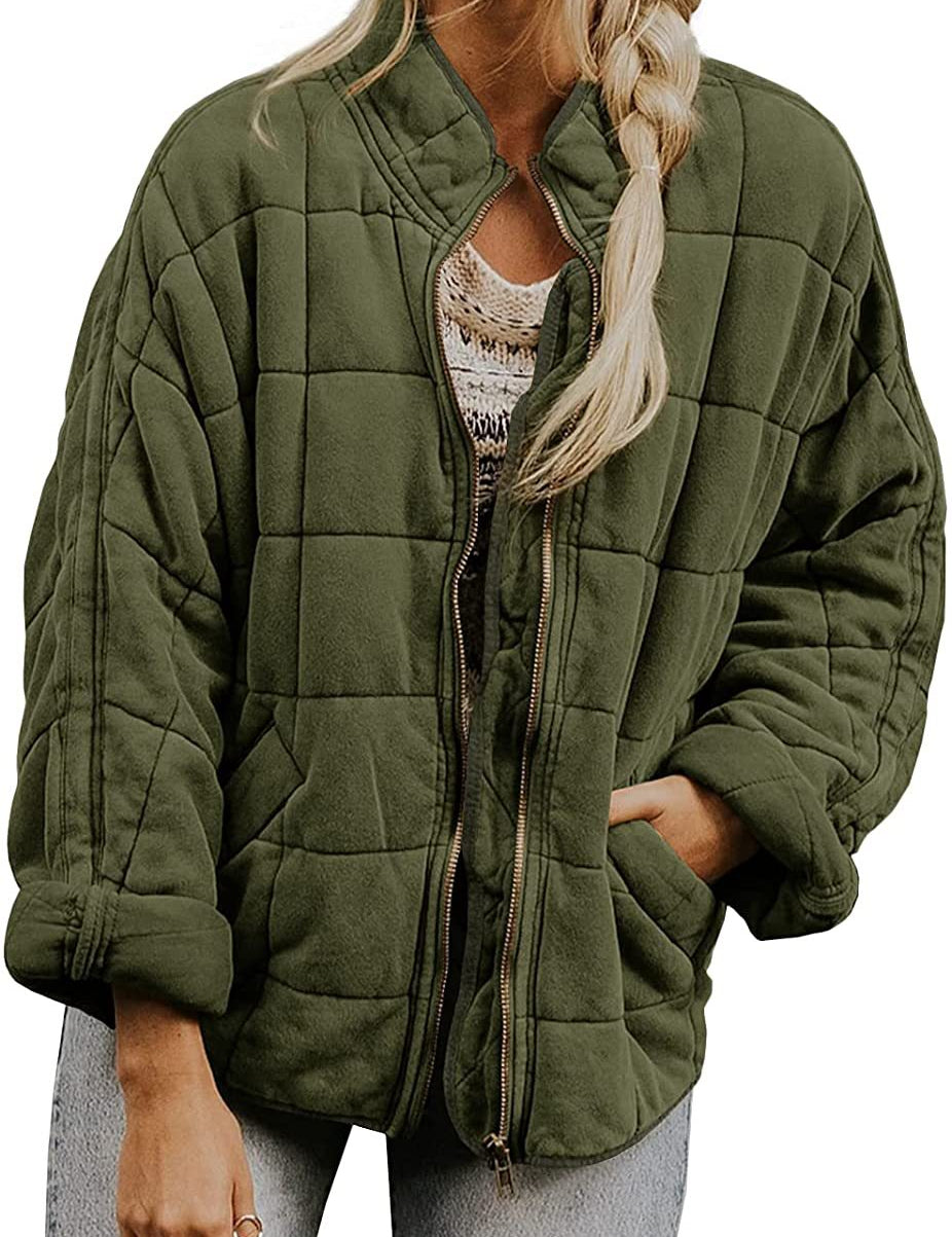 Plaid Stand-Collar Zip-Up Winter Coat for Women ArmyGreen Coat