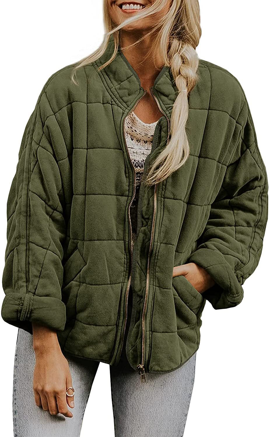 Plaid Stand-Collar Zip-Up Winter Coat for Women ArmyGreen Coat