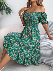 Floral Print Square Neck Dress Green Dresses
