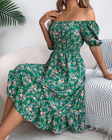 Floral Print Square Neck Dress Green Dresses