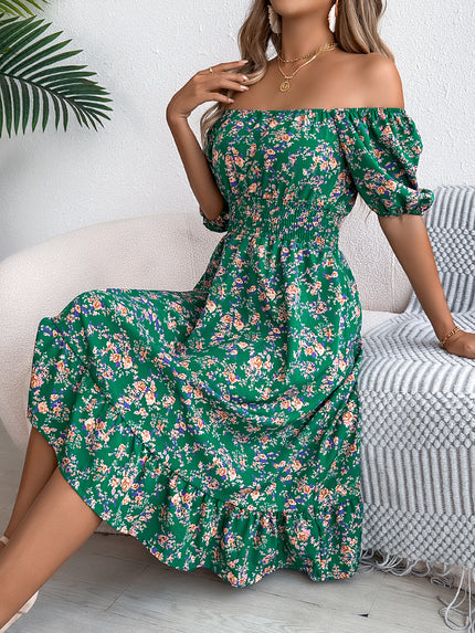 Floral Print Square Neck Dress Green Dresses