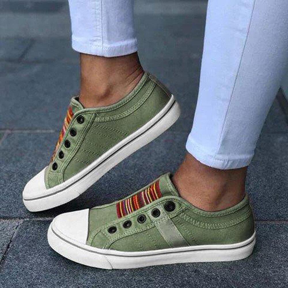 Women’s Large‑Size Canvas Elastic Flats Green Shoes & Sandals