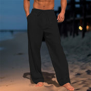 Men's Casual Wide-Leg Drawstring Pants with Pockets Black Trousers