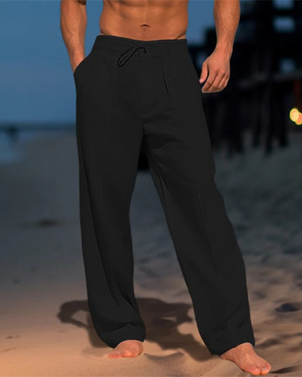Men's Casual Wide-Leg Drawstring Pants with Pockets Black Trousers