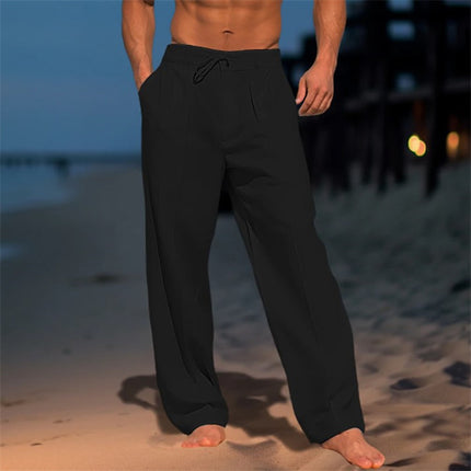 Men's Casual Wide-Leg Drawstring Pants with Pockets Black Trousers