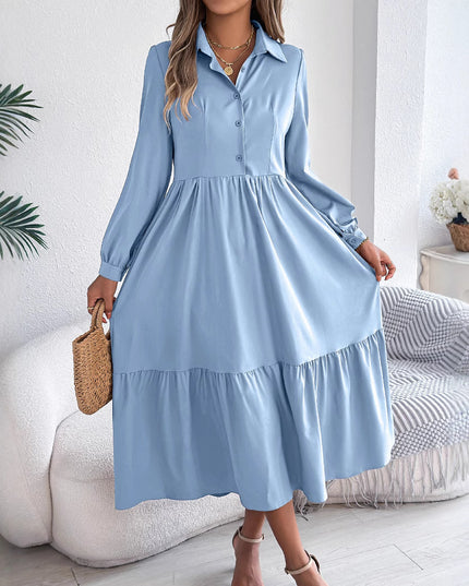 Women's Lapel Loose Ruffled Shirt Dress – Casual Long-Sleeve Vacation Dress Dresses