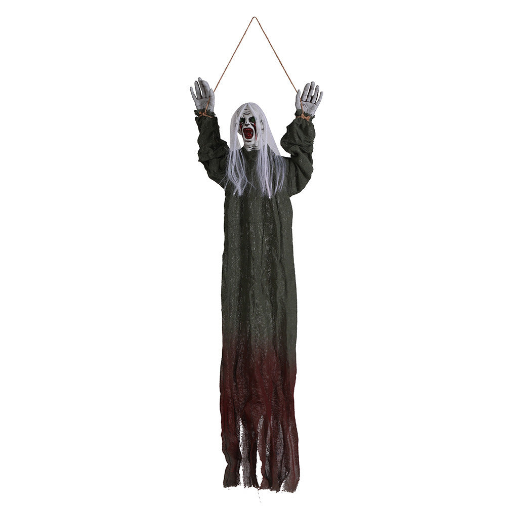 Hanging Ghost Prop for Haunted Houses White Hair Green Coat Holiday Decoration