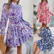 Floral Print Waist-Controlled A-Line Dress for Women - Long Sleeve Spring Women's Clothing