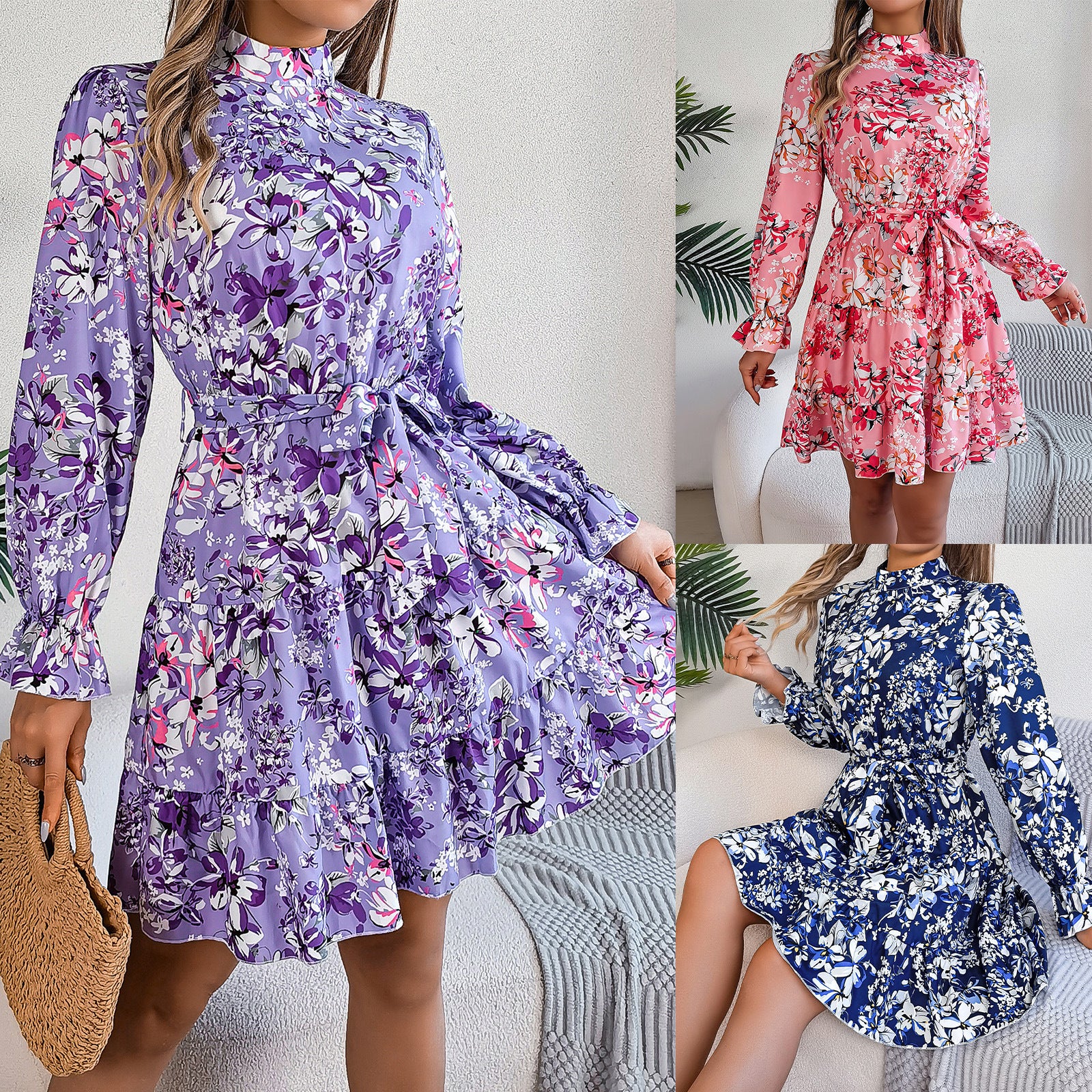 Floral Print Waist-Controlled A-Line Dress for Women - Long Sleeve Spring Women's Clothing