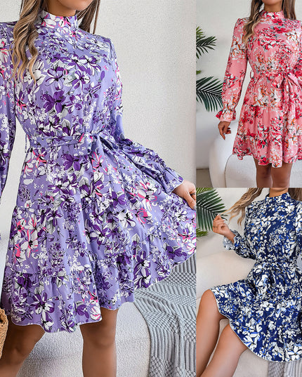 Floral Print Waist-Controlled A-Line Dress for Women - Long Sleeve Spring Women's Clothing