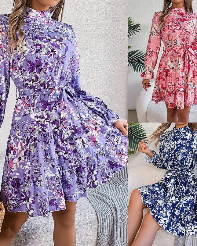 Floral Print Waist-Controlled A-Line Dress for Women - Long Sleeve Spring Women's Clothing