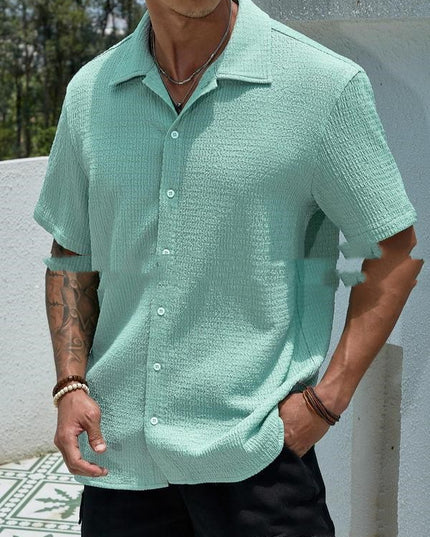 Men’s Solid-Color Short-Sleeve Button Lapel Shirt Green Shirts