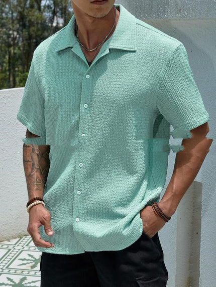 Men’s Solid-Color Short-Sleeve Button Lapel Shirt Green Shirts