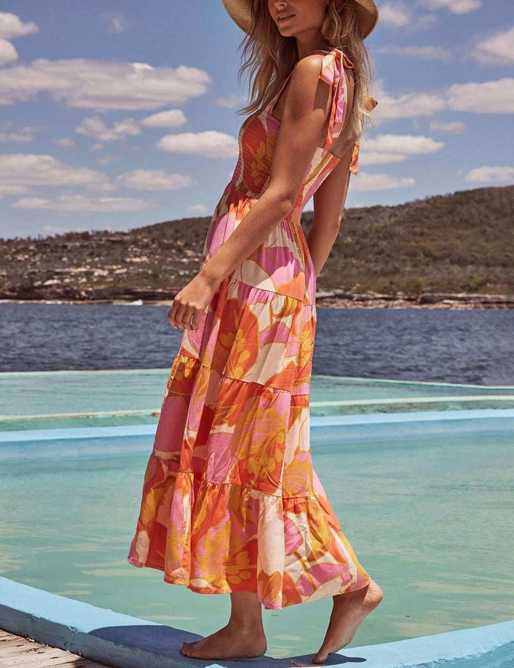 Sleeveless Sea Charm Pleated Stretch Chest Print Cami Dress Dresses