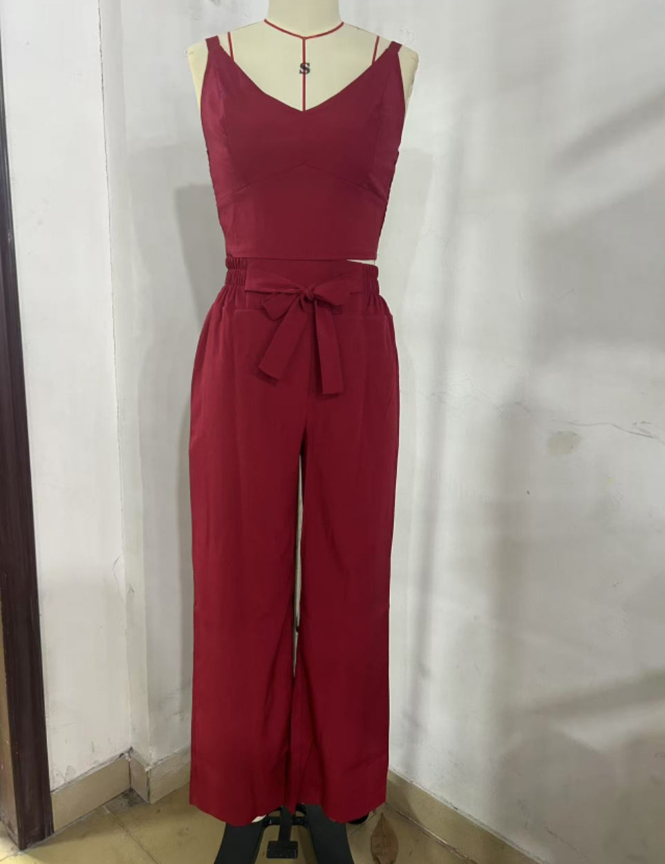 Women's Two-Piece Sleeveless V-Neck Vest & High-Waist Wide-Leg Pants Set Red Sets
