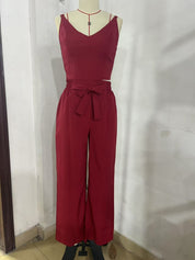 Women's Two-Piece Sleeveless V-Neck Vest & High-Waist Wide-Leg Pants Set Red Sets