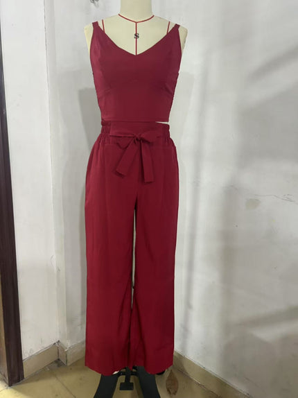 Women's Two-Piece Sleeveless V-Neck Vest & High-Waist Wide-Leg Pants Set Red Sets