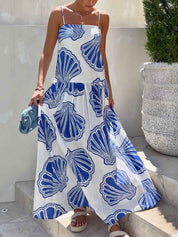 Holiday Casual Ocean Shell Print Sling Maxi Dress Blue Dresses