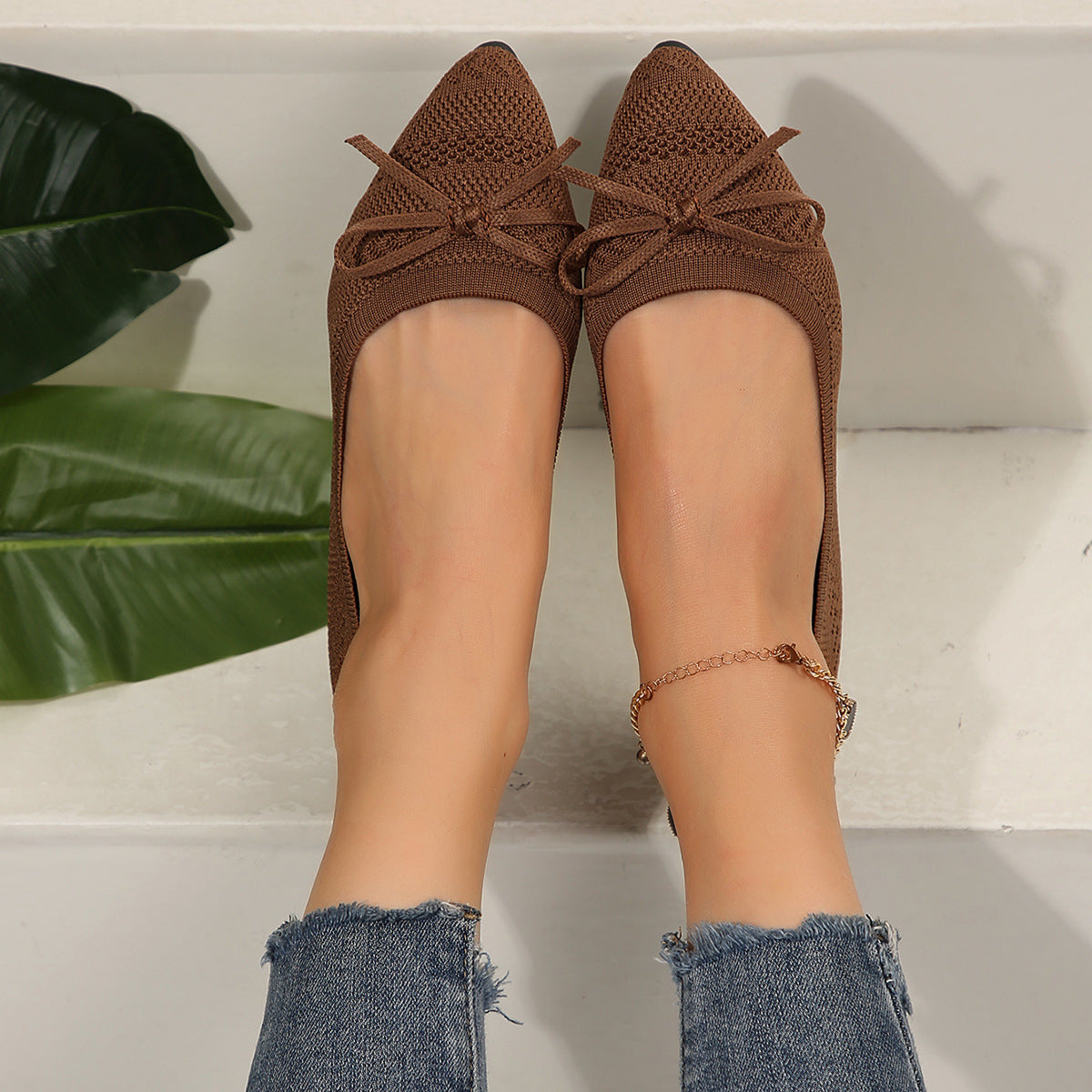 Bow Knitted Loafers Brown Loafers