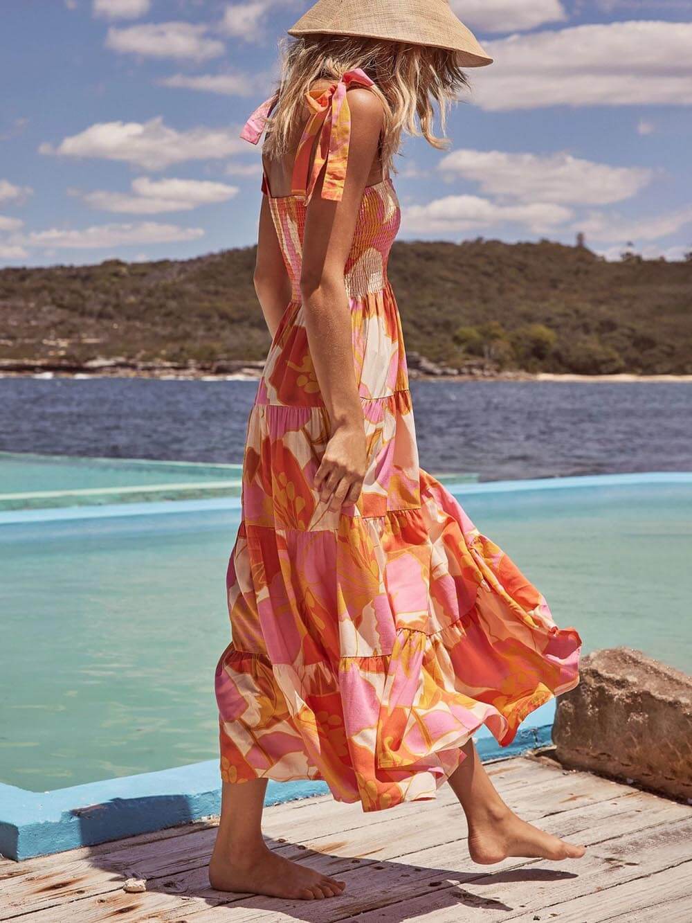 Sleeveless Sea Charm Pleated Stretch Chest Print Cami Dress Dresses