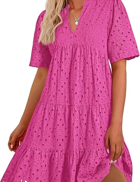 Women's V Neck Short Sleeve Hollow Out Mini Dress Deep Pink Dresses