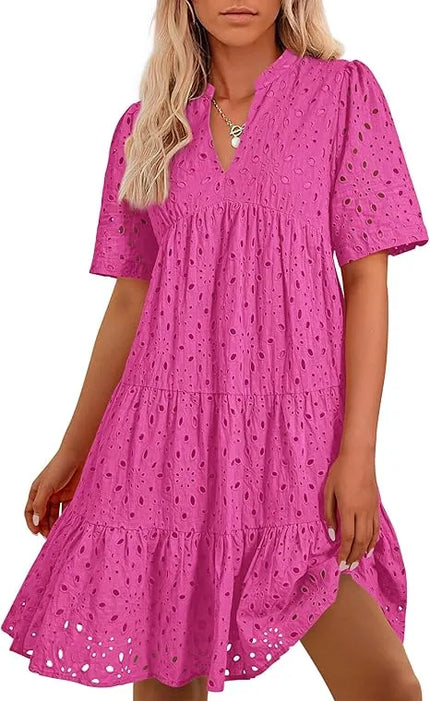 Women's V Neck Short Sleeve Hollow Out Mini Dress Deep Pink Dresses