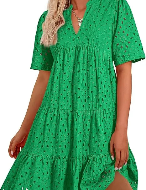 Women's V Neck Short Sleeve Hollow Out Mini Dress Green Dresses