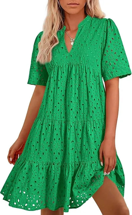 Women's V Neck Short Sleeve Hollow Out Mini Dress Green Dresses