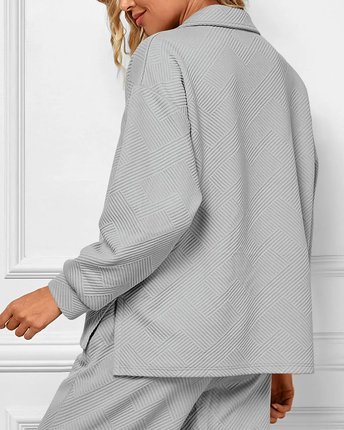 Mireya™ | Women's Lapel V Neck Textured Lounge Sets Gray Two piece set