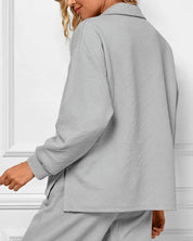 Mireya™ | Women's Lapel V Neck Textured Lounge Sets Gray Two piece set