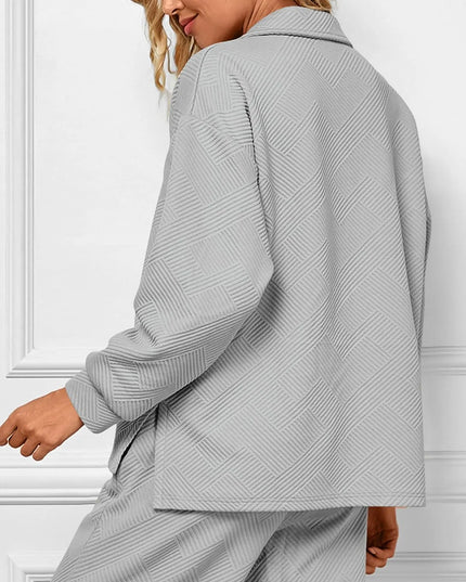 Mireya™ | Women's Lapel V Neck Textured Lounge Sets Gray Two piece set