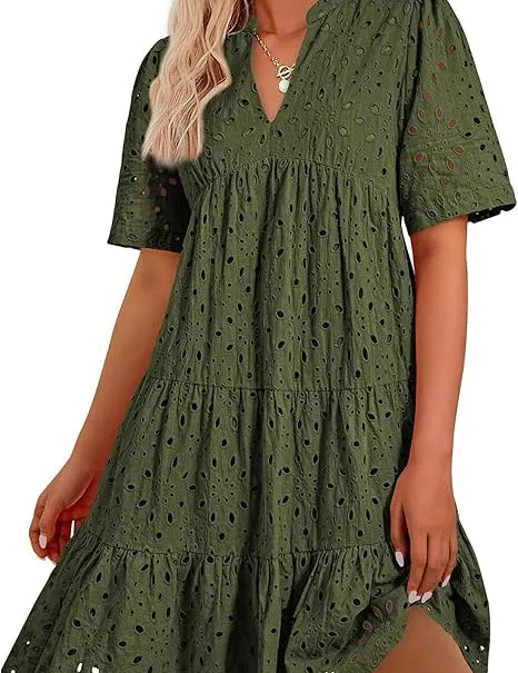 Women's V Neck Short Sleeve Hollow Out Mini Dress Dark Green Dresses