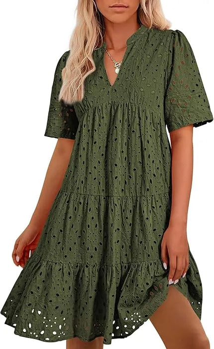 Women's V Neck Short Sleeve Hollow Out Mini Dress Dark Green Dresses